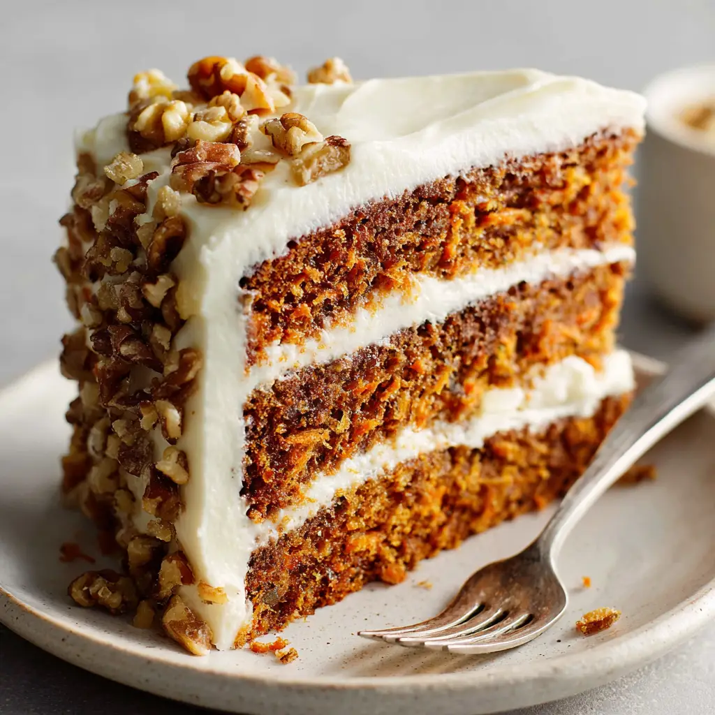 A slice of moist carrot cake recipe resting on a white ceramic plate with a silver dessert fork.