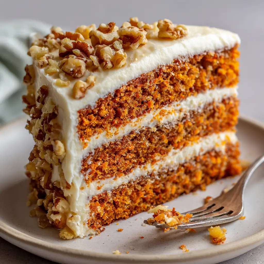 Swoops and swirls of rich off-white cream cheese frosting on a moist carrot cake, heavily sprinkled with chopped toasted walnuts.
