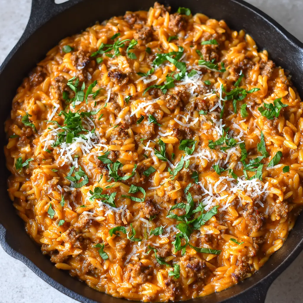 Close-up overhead shot of tender rice-shaped orzo coated in a thick, vibrant orange-red creamy tomato sauce with chunks of savory beef.