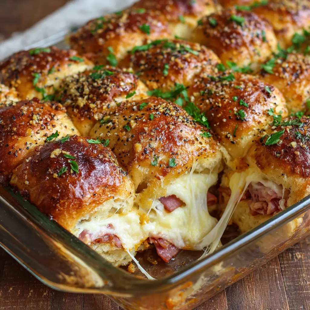 A rectangular glass casserole dish resting on a rustic wooden counter filled with freshly baked, blistered pull-apart sliders.