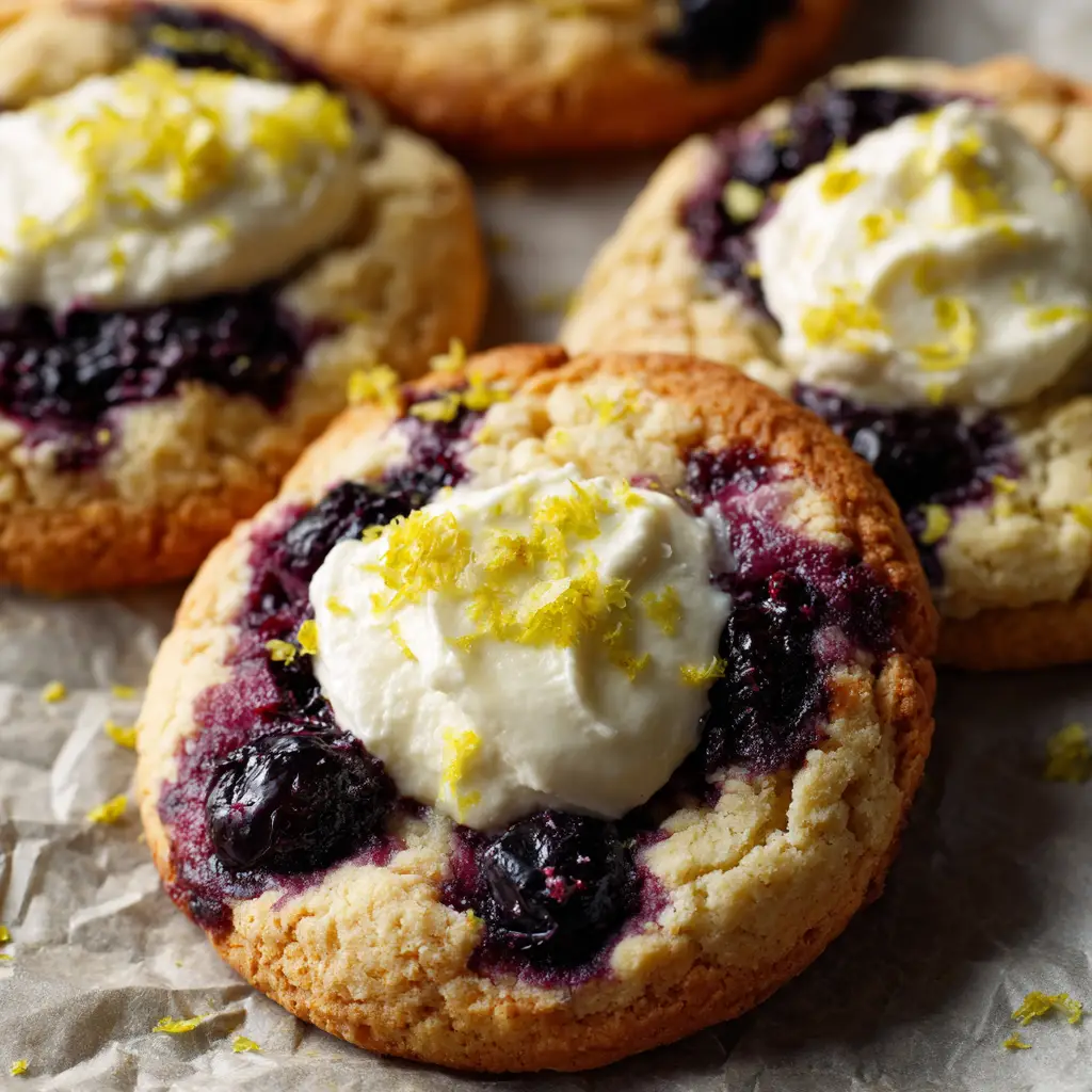 Soft-baked cookie dough speckled with purple blueberry juice and topped with a creamy cheesecake filling.