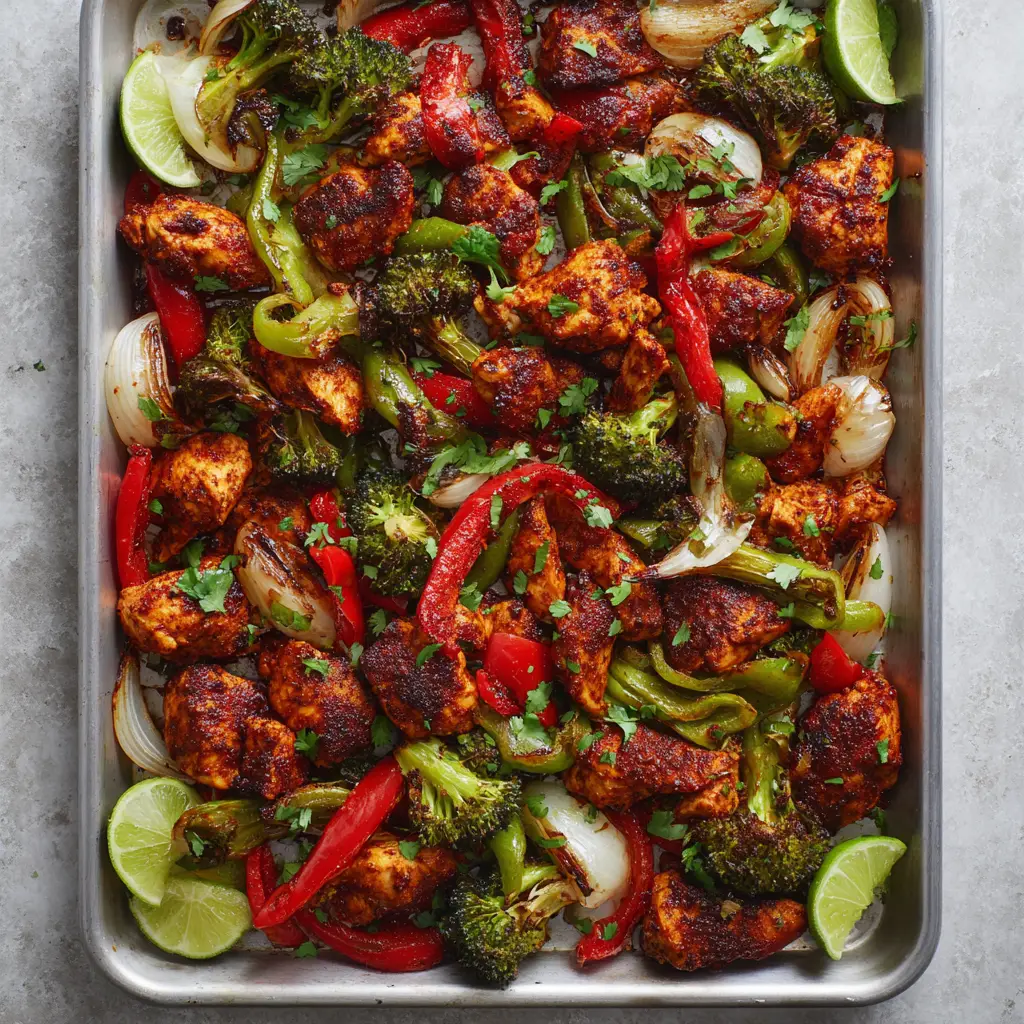 Top-down view of sliced chicken breast with a dark, reddish-brown spice coating mixed with blistered bell peppers and broccoli florets.