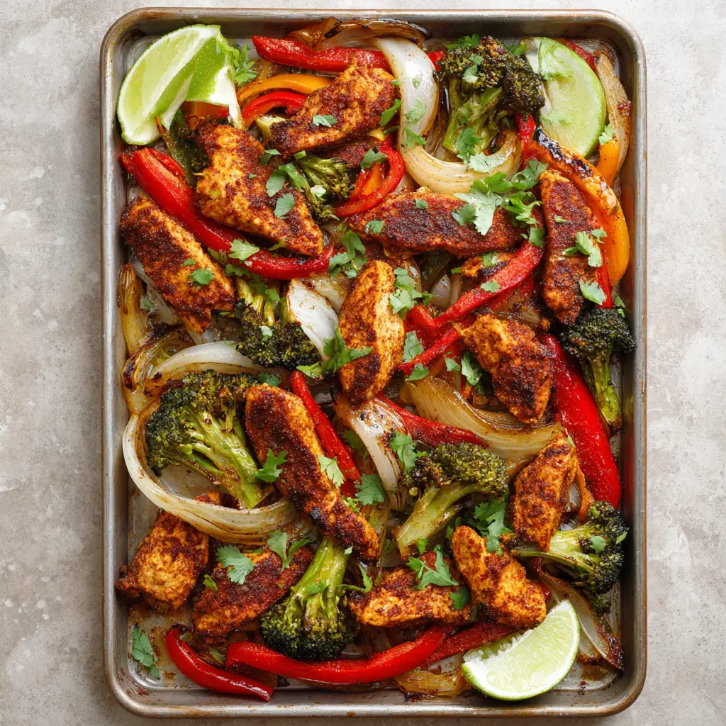 Roasted sheet pan chicken fajitas glistening with meat juices, garnished with chopped cilantro and cut lime wedges.