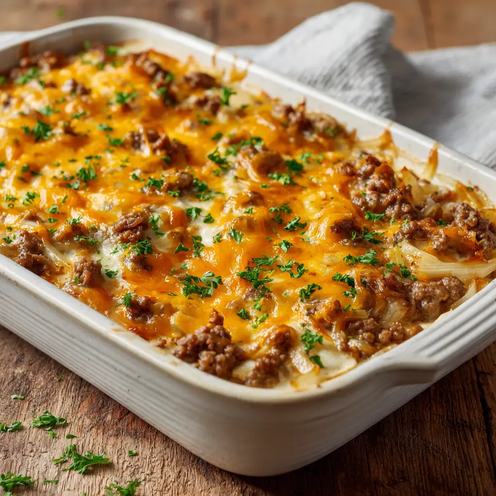 Ingredients for Keto Ground Beef Casserole layered in a white ceramic dish featuring browned crumbled beef and translucent onions.