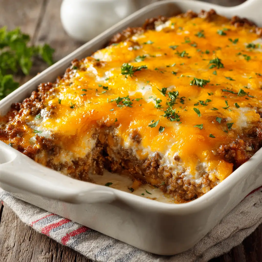Ultimate Keto Ground Beef Casserole 1 Close up of Keto Ground Beef Casserole with a thick creamy white sauce bubbling beneath a crispy, blistered sharp cheddar cheese crust.