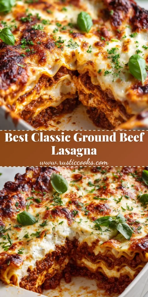 The Ultimate Italian Ground Beef Lasagna 4 A freshly baked Ground Beef Lasagna in a white baking dish with a bubbling golden-brown cheese crust and fresh green basil garnish.