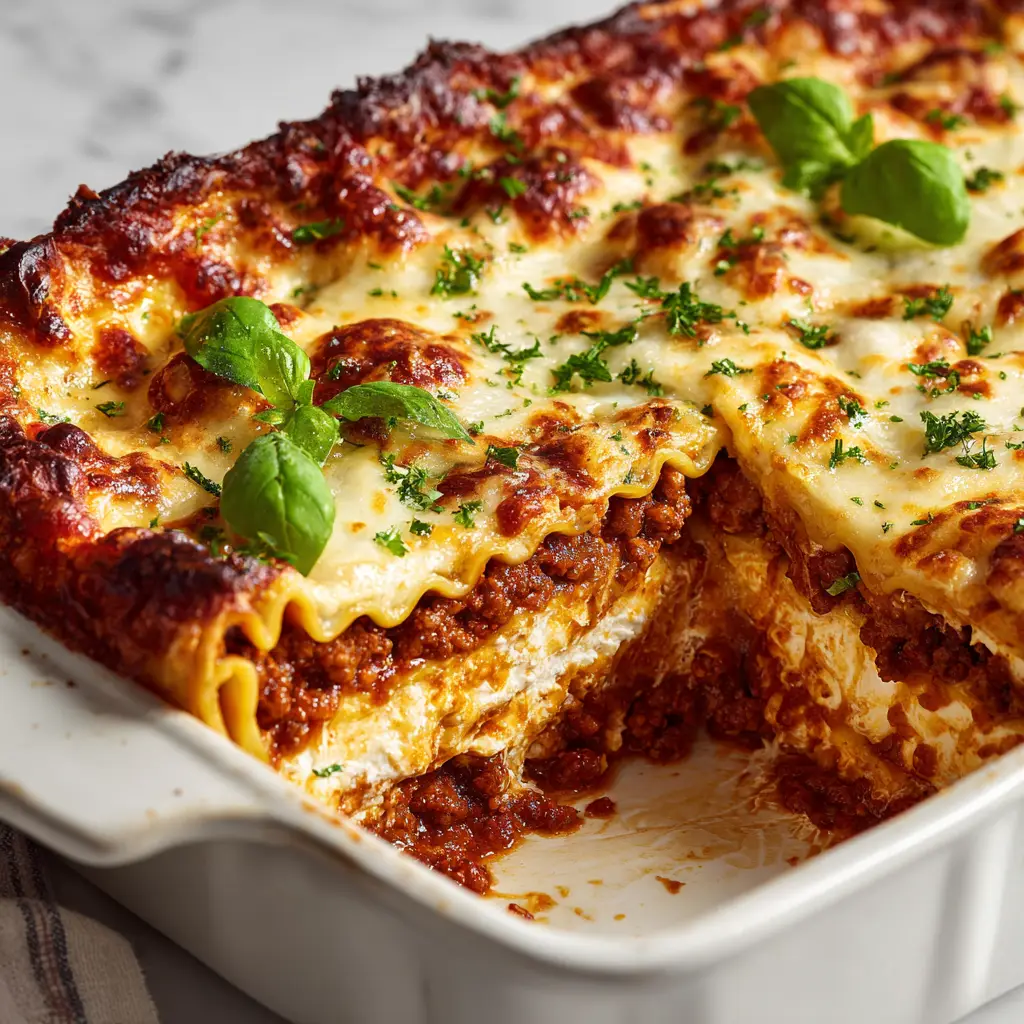 Ingredients for Ground Beef Lasagna including wavy pasta sheets, crushed tomatoes, ground beef, ricotta, mozzarella, and fresh basil.