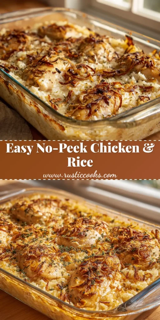 A rectangular glass baking dish filled with a creamy cooked no-peek chicken and rice casserole, nestled deeply into a savory sauce with toasted onion flakes.