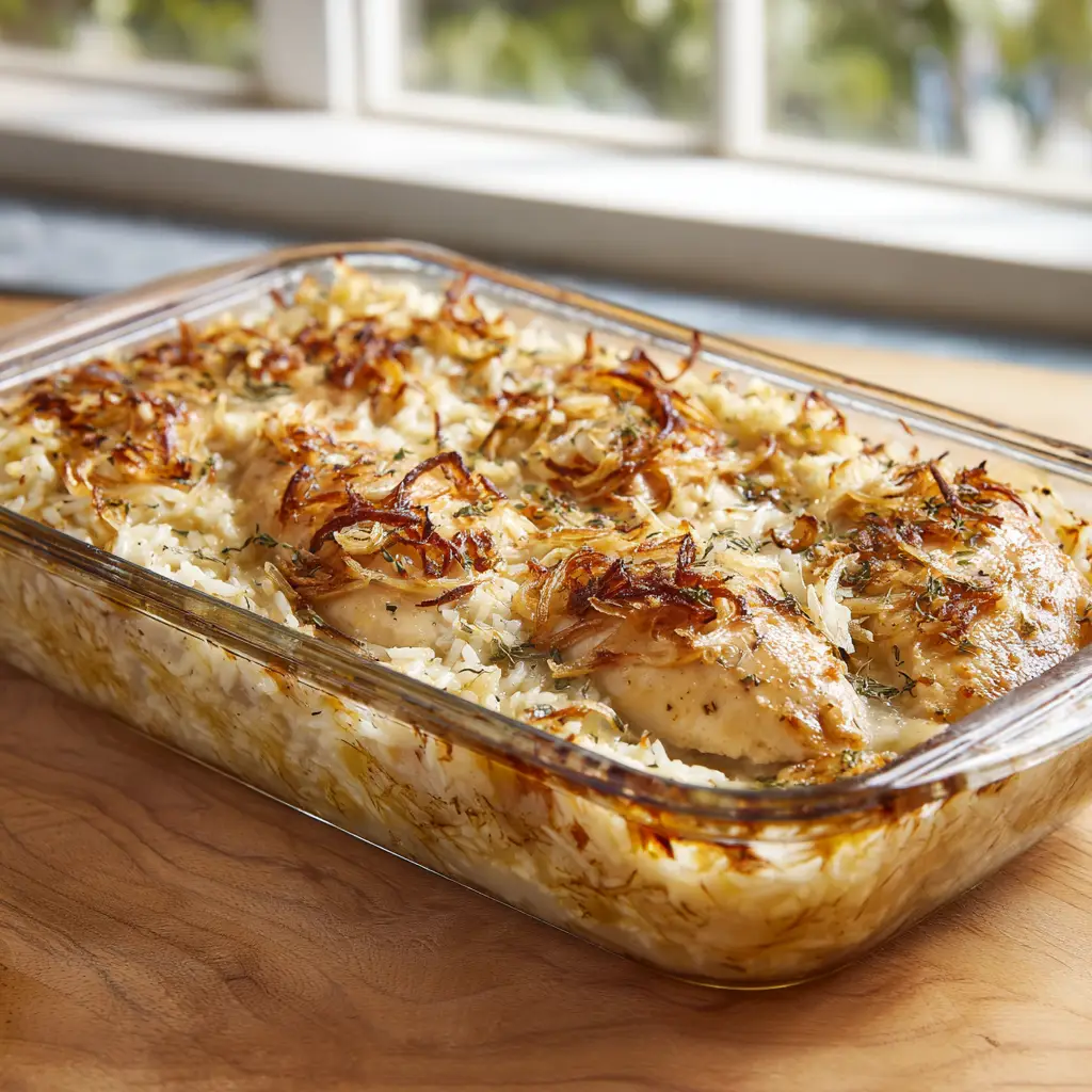 Freshly baked No-Peek Chicken casserole with a glossy surface, speckled with toasted dark brown bits of dehydrated onion and savory herb flakes.