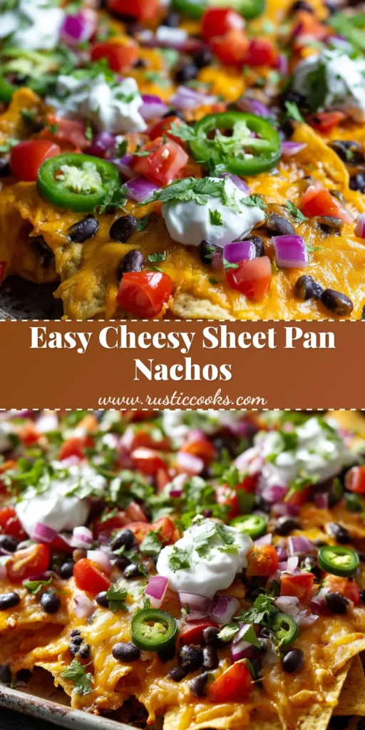 The Ultimate Epic Sheet Pan Nachos Recipe 3 Close-up of baked Sheet Pan Nachos featuring melted cheddar and jack cheese, black beans, diced tomatoes, jalapenos, and sour cream on thick corn tortilla chips.