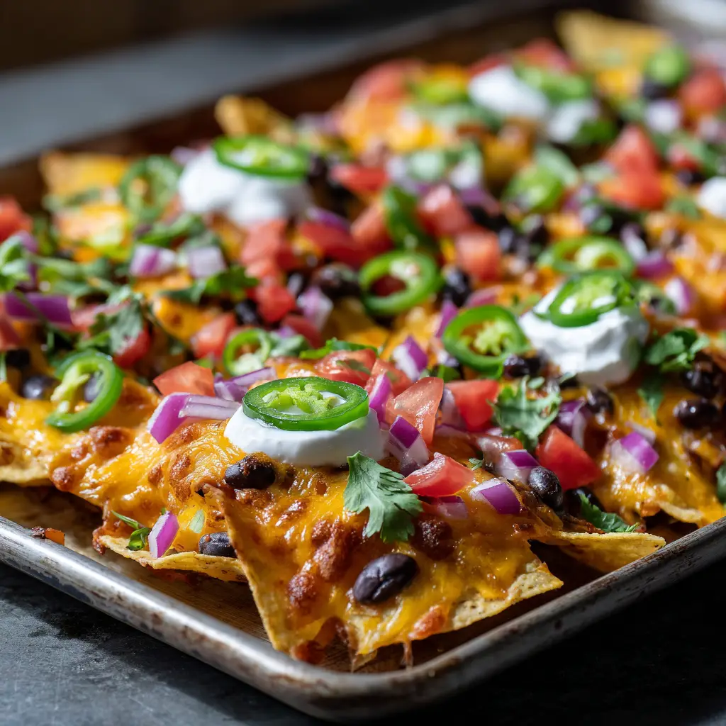 A well-used aluminum baking sheet loaded with thick overlapping yellow corn chips, ready for a generous layer of freshly grated cheeses and toppings.