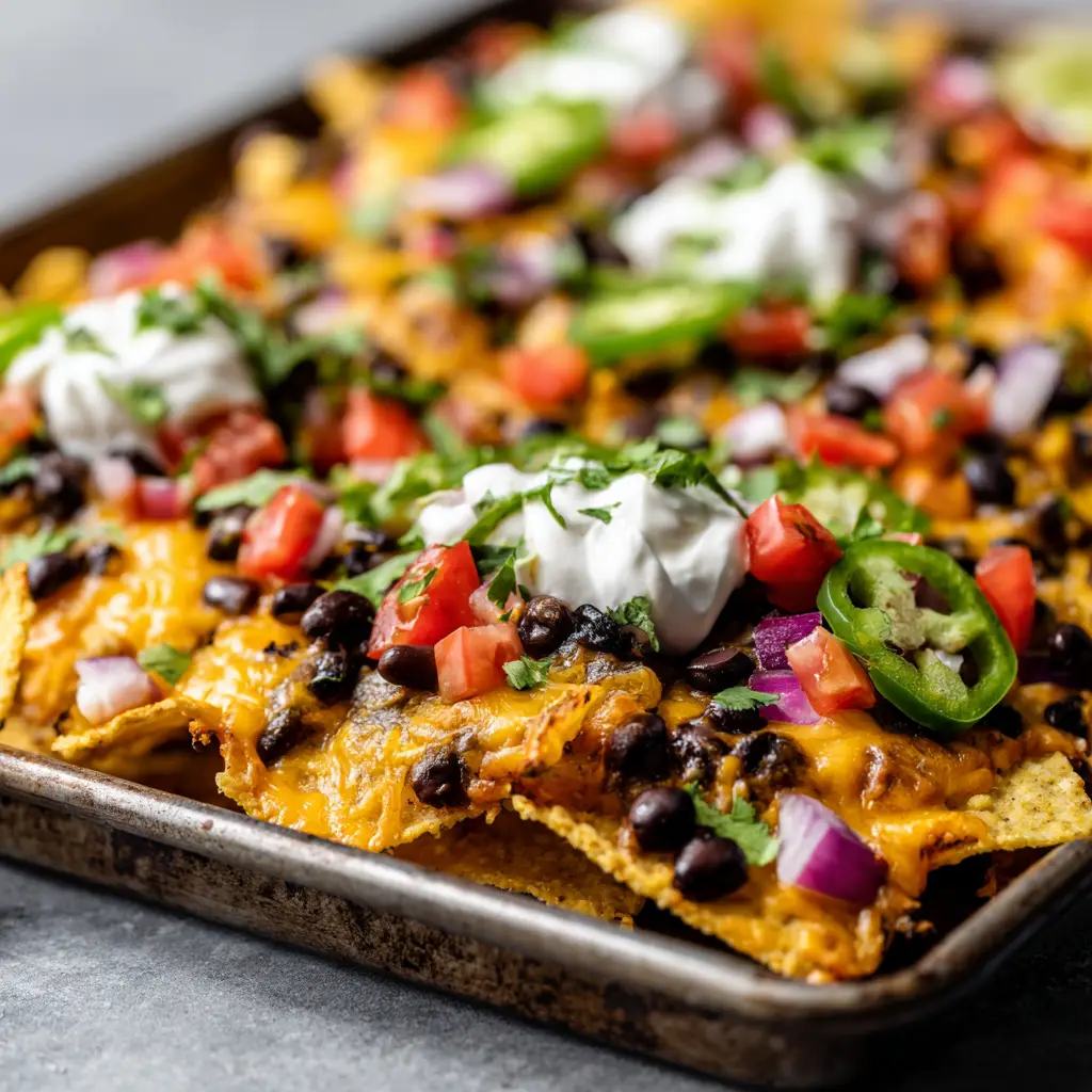 The Ultimate Epic Sheet Pan Nachos Recipe 1 A beautifully layered tray of nachos fresh from the oven, showcasing melted bubbly orange cheddar and white monterey jack cheese with slightly browned edges.