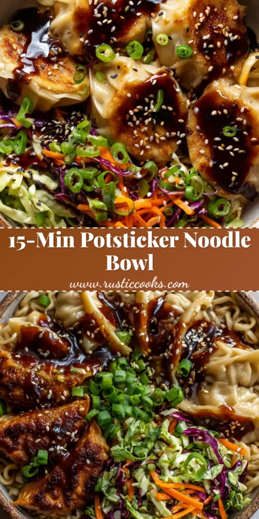 A close-up, top-down view of a potsticker noodle bowl in a rustic ceramic bowl, featuring wavy wheat noodles, soy glaze, pan-seared pork potstickers, fresh slaw, and sesame seeds.