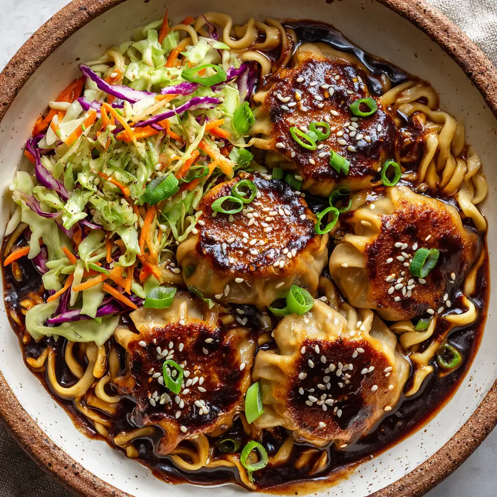 Fresh ingredients for a Potsticker Noodle Bowl including pork potstickers, thick wavy wheat noodles, green cabbage, purple cabbage, and orange carrots.