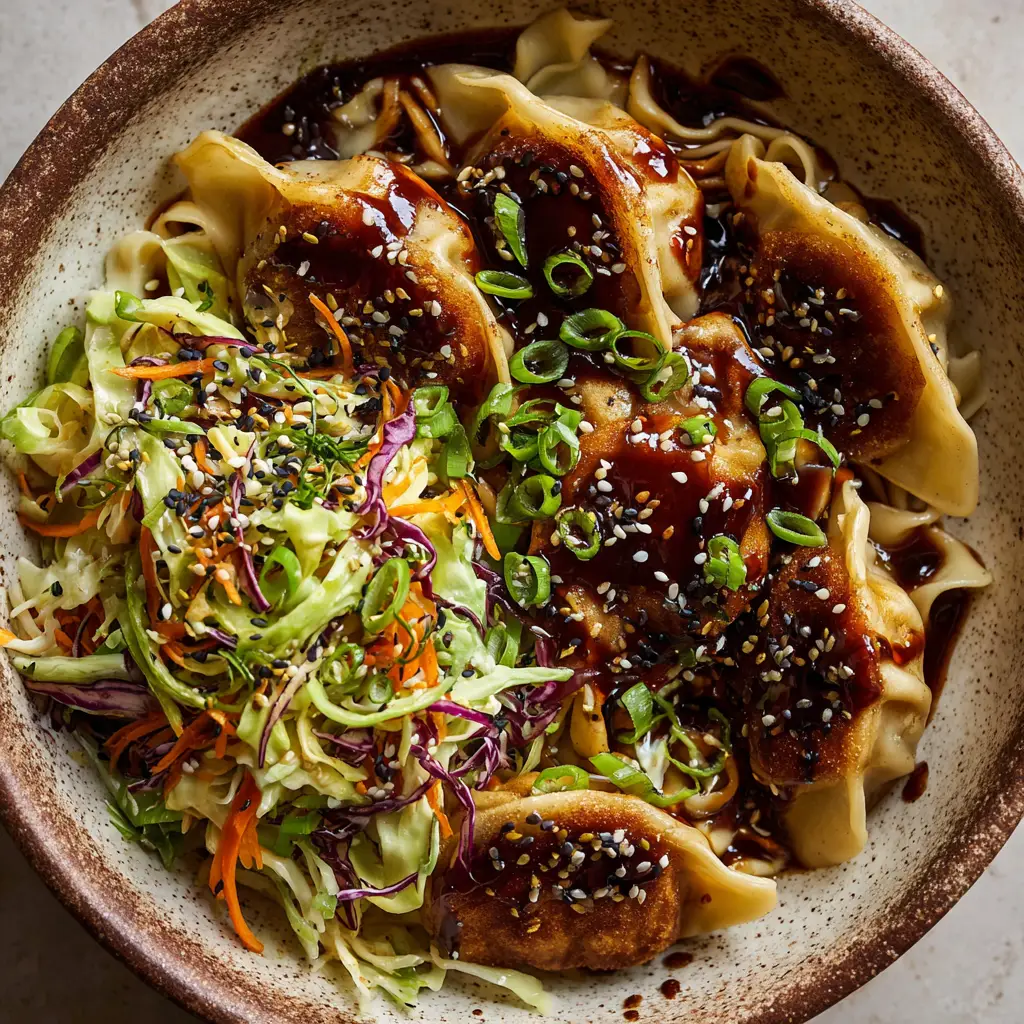 Close up of pan-seared pork potstickers with perfectly browned, crispy bottoms and soft pleated tops in a dark brown soy glaze.