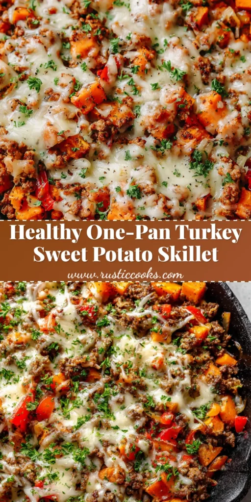 A close-up, top-down view of a hearty Ground Turkey Sweet Potato Skillet in a rustic black cast iron skillet topped with melted cheese and fresh parsley.