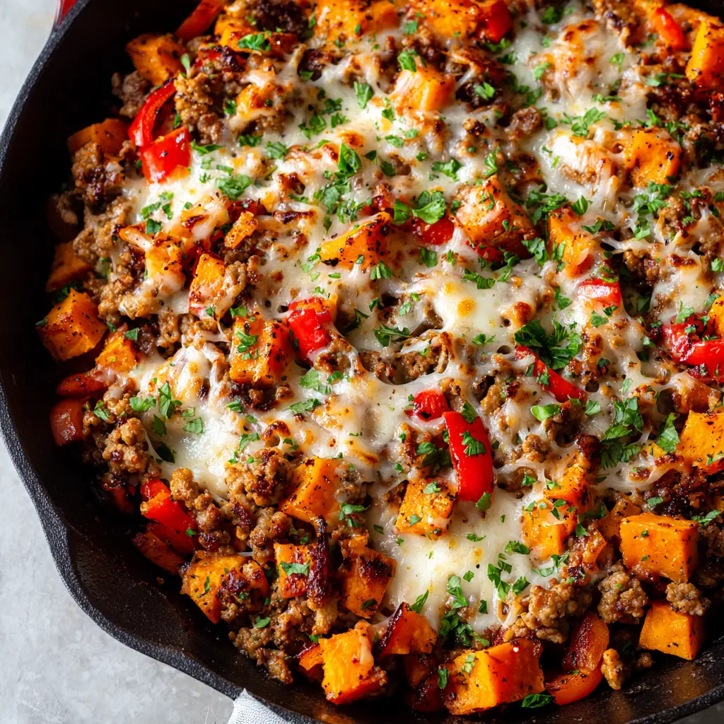 Raw ingredients for a Ground Turkey Sweet Potato Skillet including diced orange sweet potatoes, ground turkey, bell peppers, onions, and shredded cheese.
