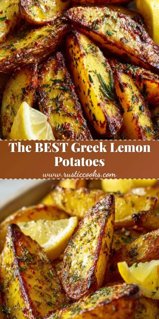 A close-up view of roasted thick-cut Greek Lemon Potatoes piled in a rustic ceramic baking dish with fresh lemon wedges.