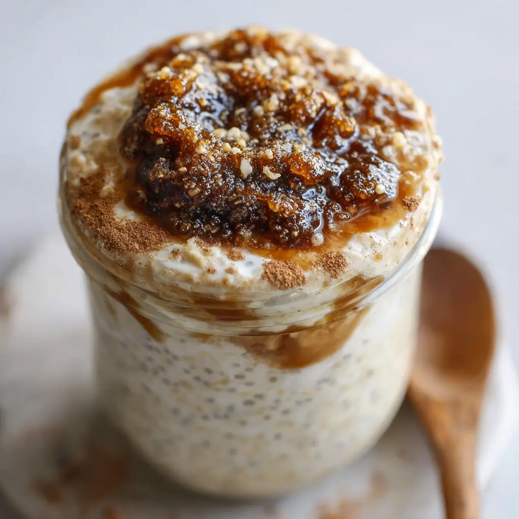 Overhead view of swollen chia seeds and old-fashioned rolled oats soaking in milk inside a clear glass jar.