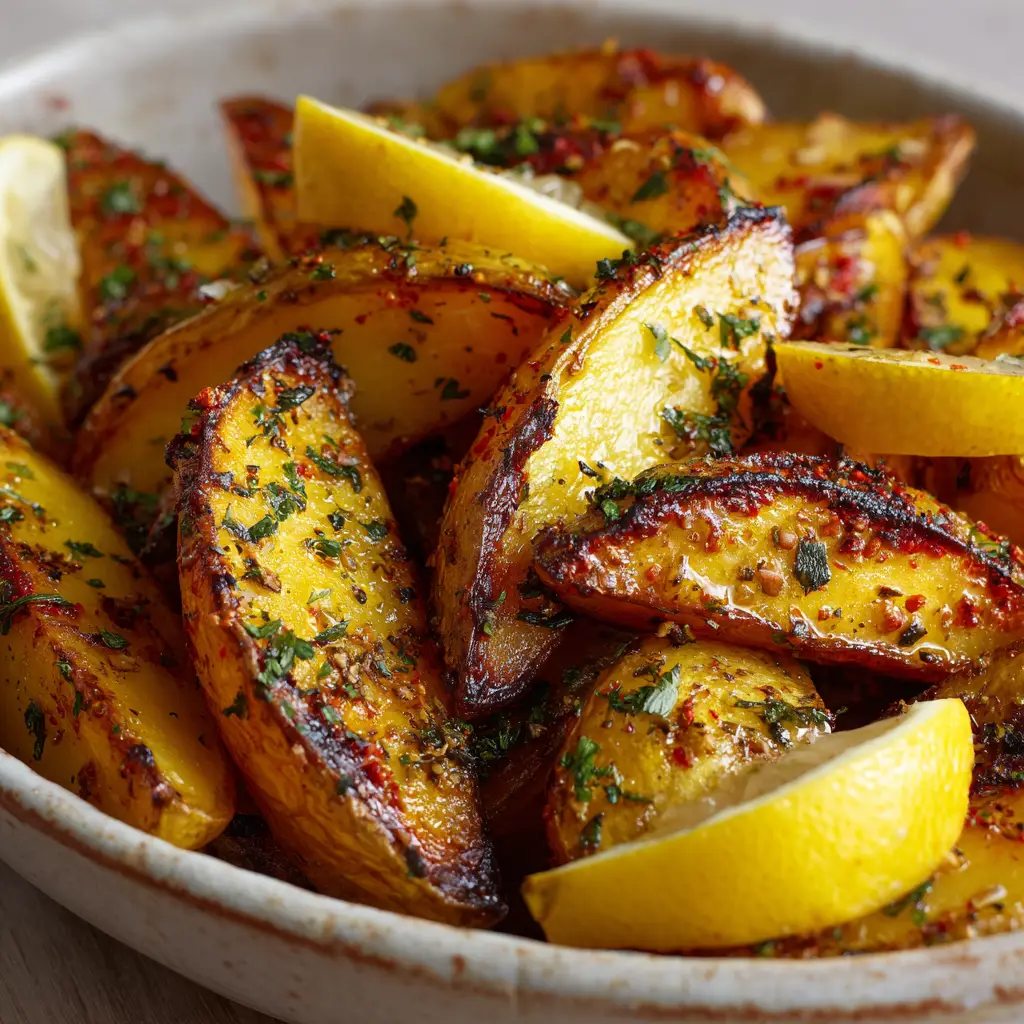 Raw thick-cut potato wedges ready to be roasted into Greek Lemon Potatoes.