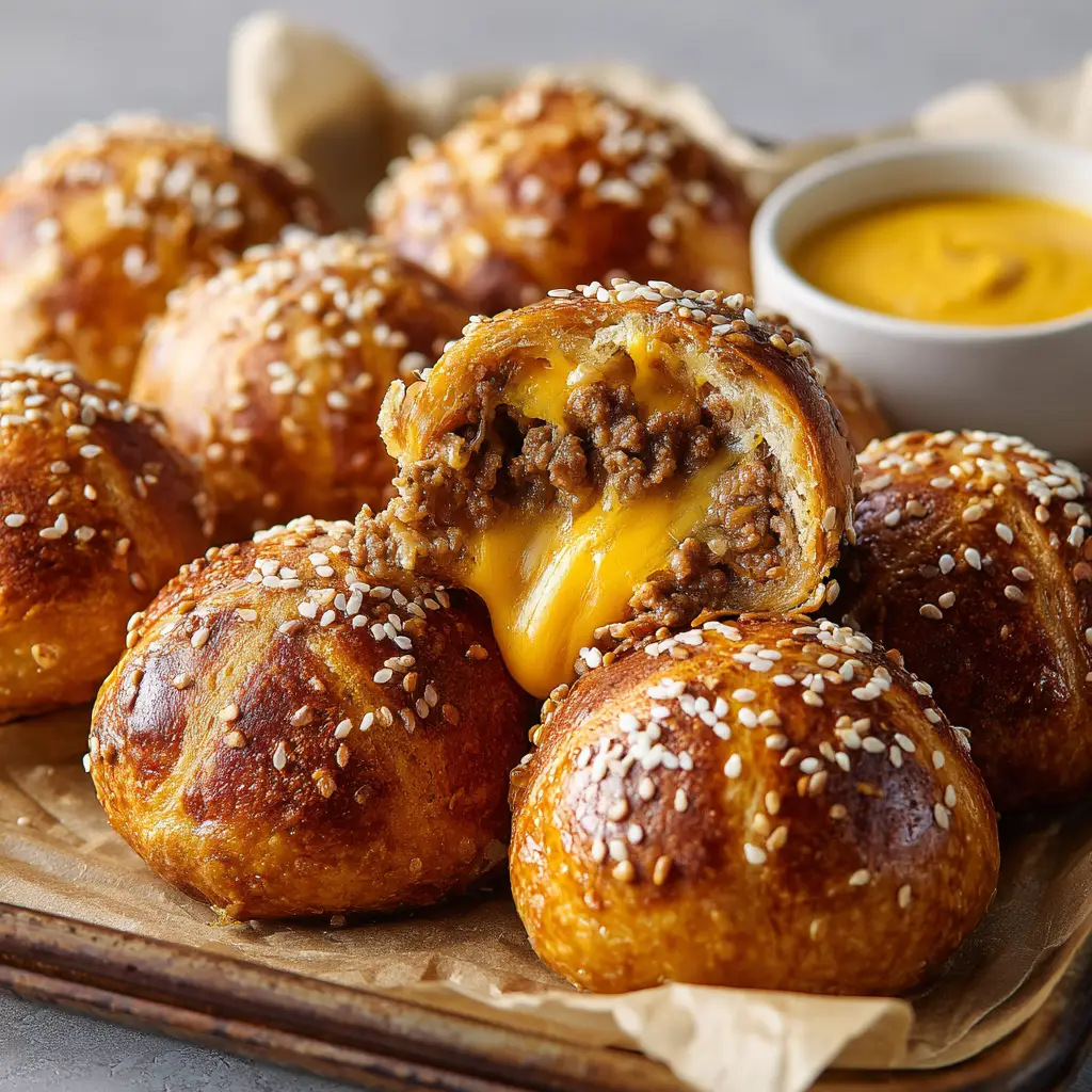 Freshly baked golden brown shiny pretzel dough spheres arranged on a parchment lined baking sheet.