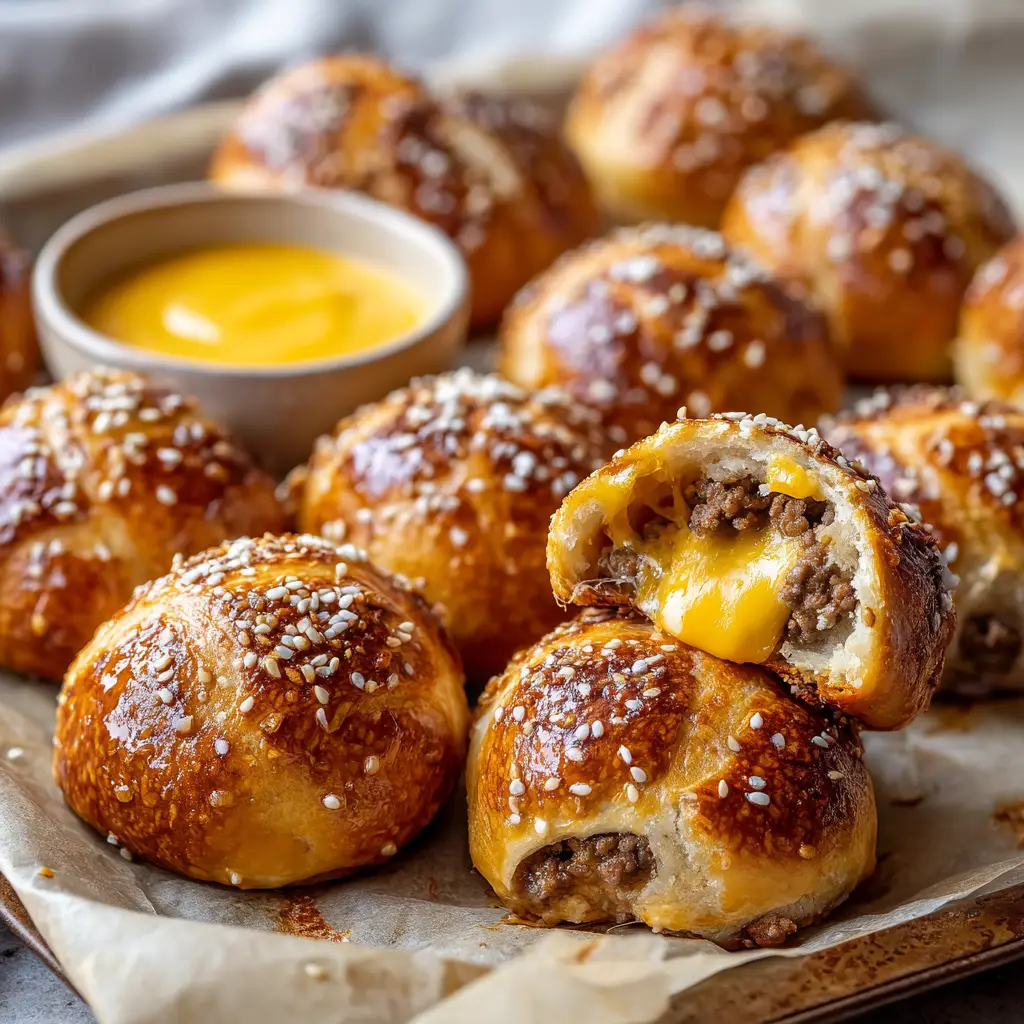 Epic Homemade Cheeseburger Pretzel Bombs 1 A broken open cheeseburger pretzel bomb revealing steaming hot crumbled ground beef and stretching melted cheddar cheese.