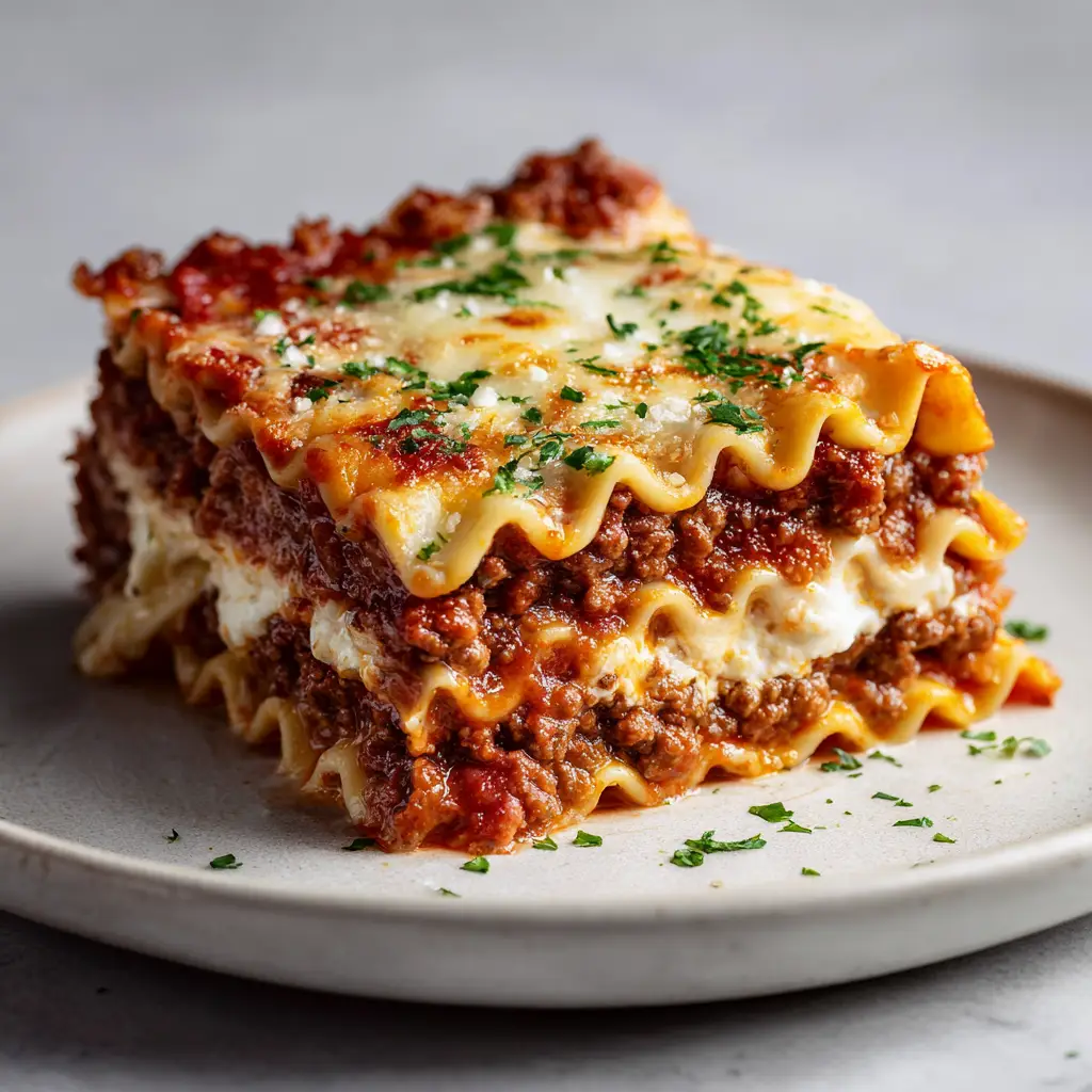 Close-up of wavy lasagna noodles layered with a glossy dark red tomato and ground beef meat sauce.