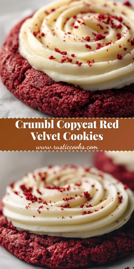 A giant, thick baked red velvet cookie with a generous swirl of cream cheese frosting and red velvet crumbs on white parchment paper. (Crumbl copycat red velvet cookies)