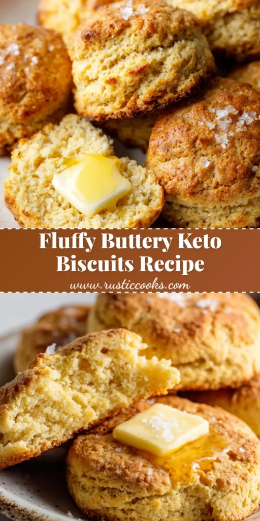 The Best Fluffy Keto Biscuits (Almond Flour Recipe) 4 A freshly baked golden brown keto biscuit split in half with a melting square pat of butter and flaky sea salt on a rustic white plate.