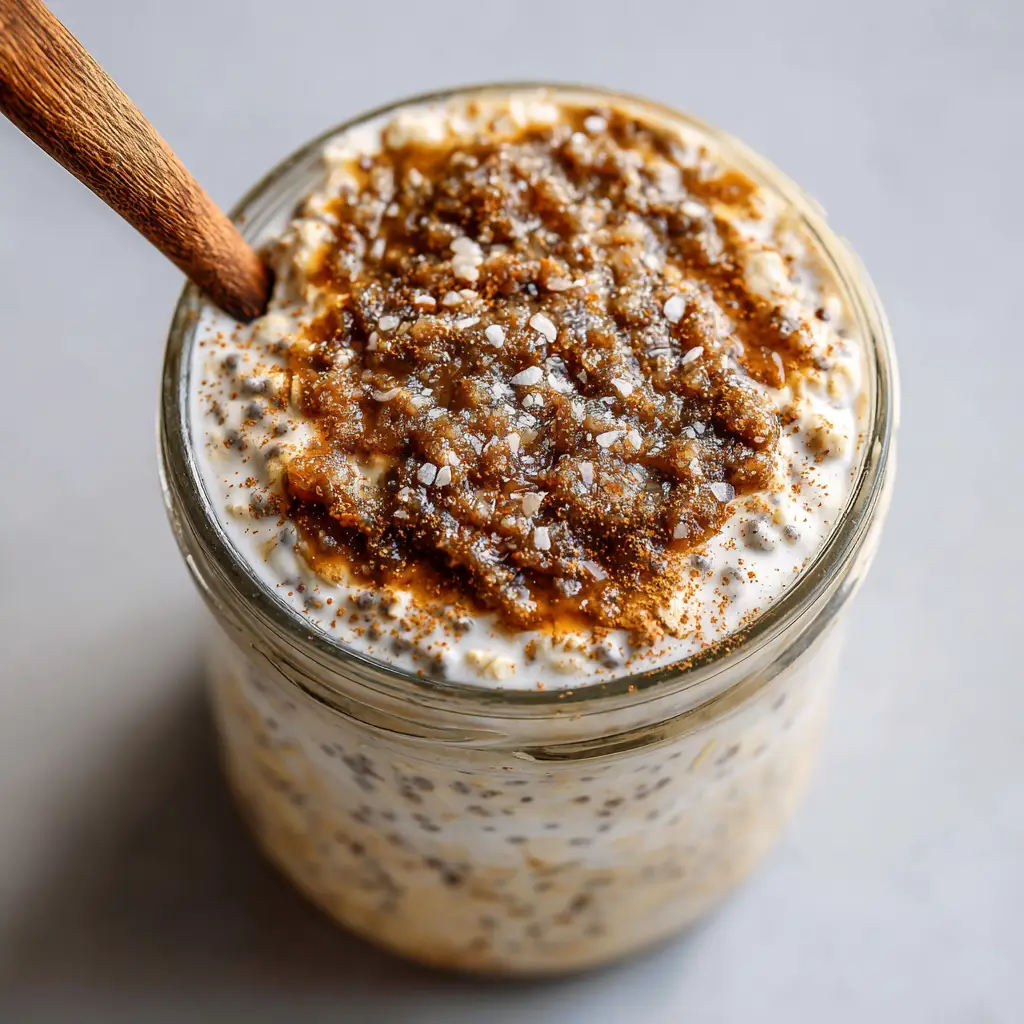 A rustic wooden spoon dipping into brown sugar overnight oats, showcasing the thick layer of dark brown sugar melting into the creamy surface.