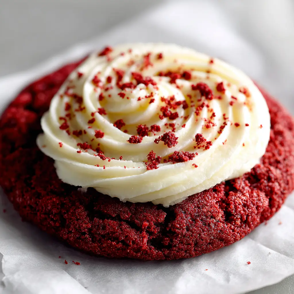 A close up shot of a single giant, thick baked red velvet cookie with cracked edges, ready to be frosted.