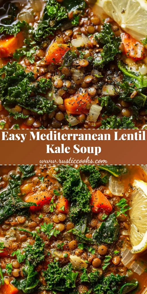 Hearty Mediterranean Lentil Soup with Kale 3 A rustic bowl of hearty Mediterranean Lentil Soup topped with fresh parsley, a drizzle of olive oil, and a lemon wedge.