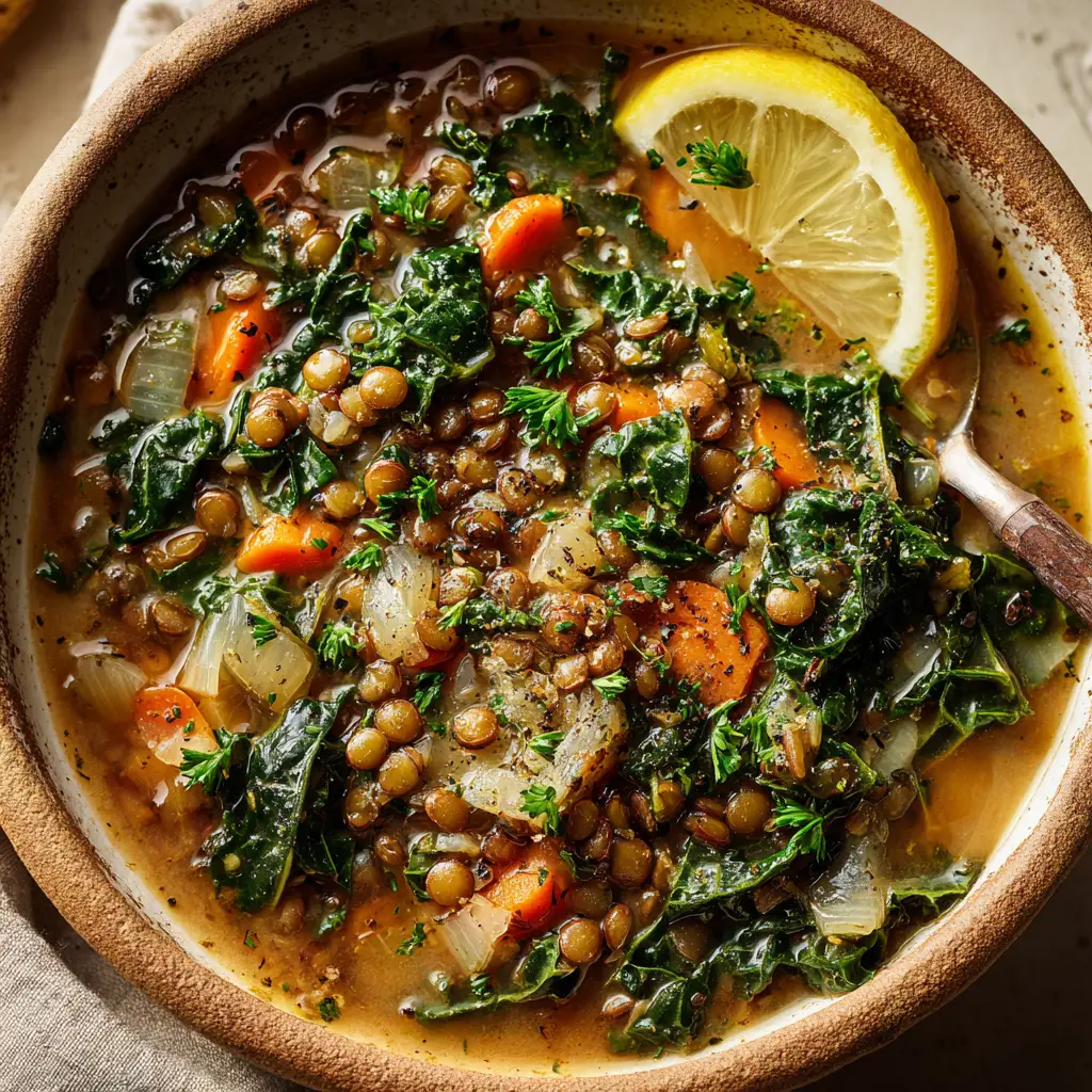 Hearty Mediterranean Lentil Soup with Kale 1 A bubbling Dutch oven filled with a light tomato-tinted broth, plump brown lentils, and wilted dark green kale.