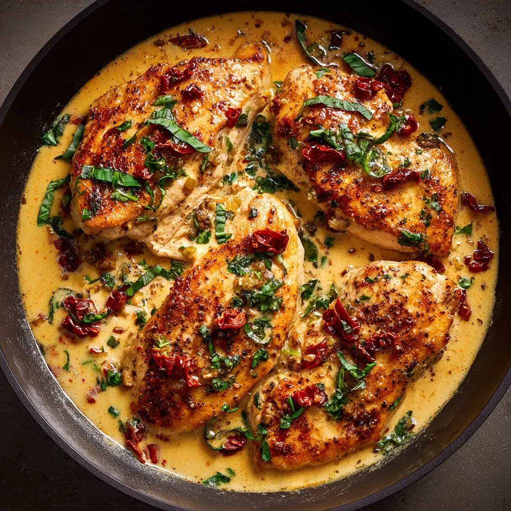 Home 8 Raw ingredients for Marry Me Chicken Recipe including chicken breasts, heavy cream, parmesan, sun-dried tomatoes, and fresh herbs.