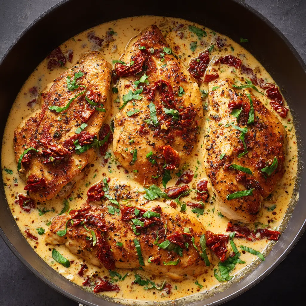Top-down view of golden pan-seared chicken breasts simmering in a creamy sun-dried tomato and parmesan sauce in a dark skillet.