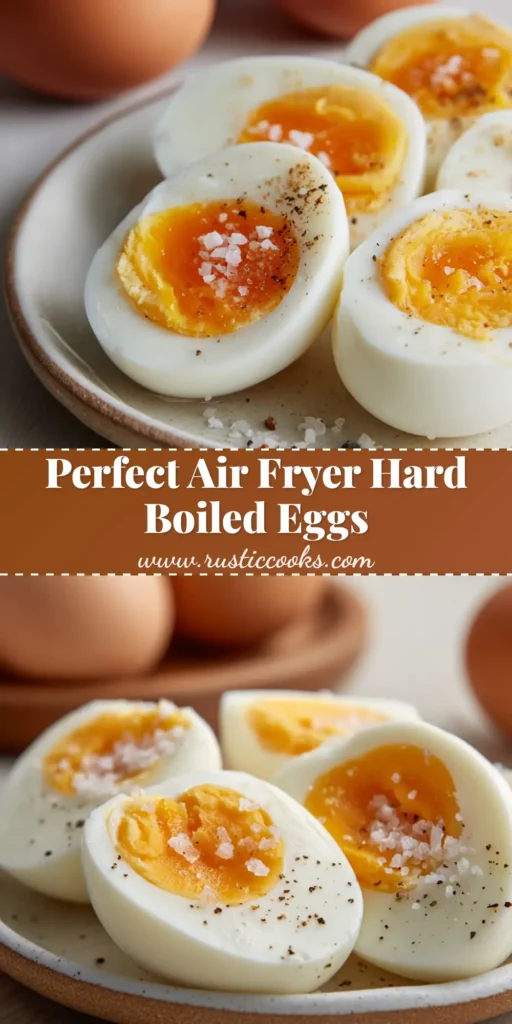 A rustic plate holding perfectly cooked air fryer hard boiled eggs cut in half, showcasing vibrant golden yolks and seasoned with sea salt and black pepper. (Air fryer hard boiled eggs)