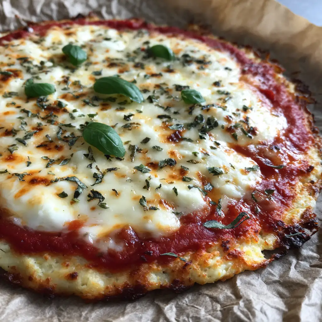 Close up of a thin, blistered cottage cheese flatbread base resting on crinkled brown parchment paper.