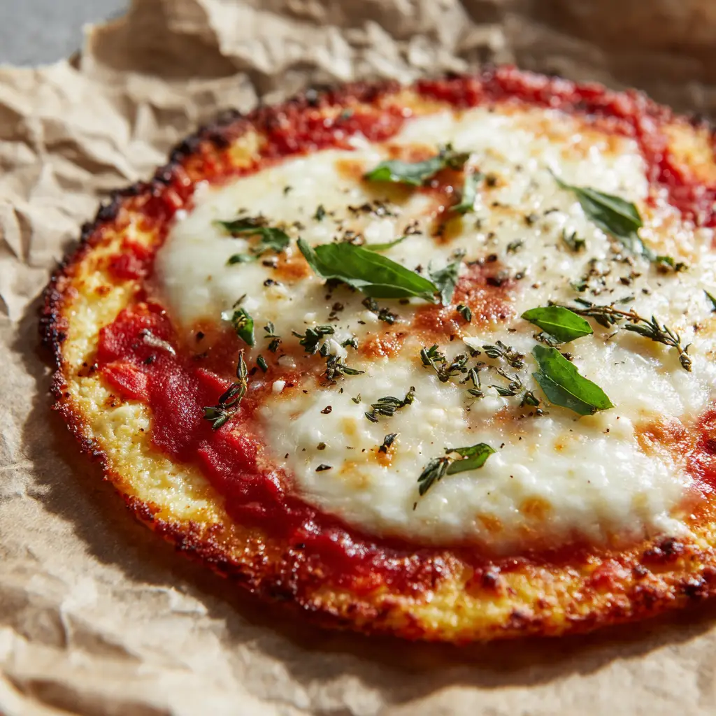 Handheld photo of a freshly baked cottage cheese pizza with charred mozzarella and green oregano flakes.