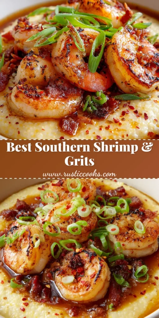 A close up photo of a shallow bowl filled with thick creamy pale yellow grits, topped with seared pink shrimp, glossy reddish-brown pan sauce, crispy bacon bits, and sliced green scallions. (Southern Shrimp and Grits)