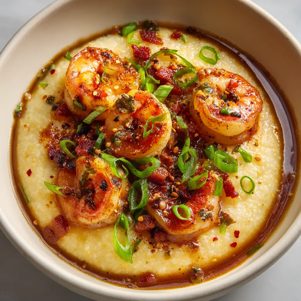 Top-down view of Southern Shrimp and Grits in a white ceramic bowl, showcasing plump, charred shrimp pooling in a rich savory sauce over a thick yellow grits base. (Southern Shrimp and Grits)