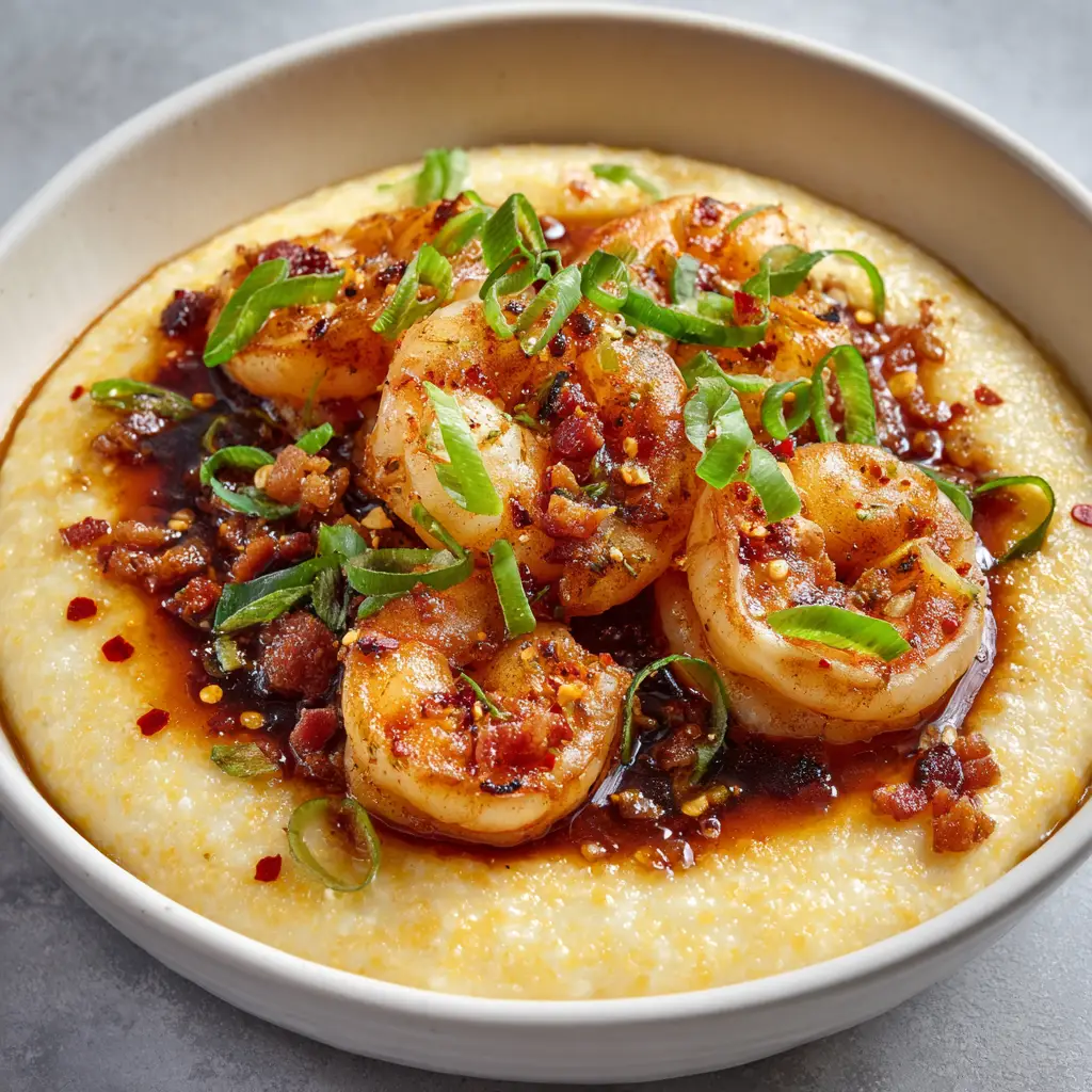 Close-up of a glossy reddish-brown pan sauce clinging to seared shrimp, sitting on pale yellow grits with crispy bacon and scallion garnish.