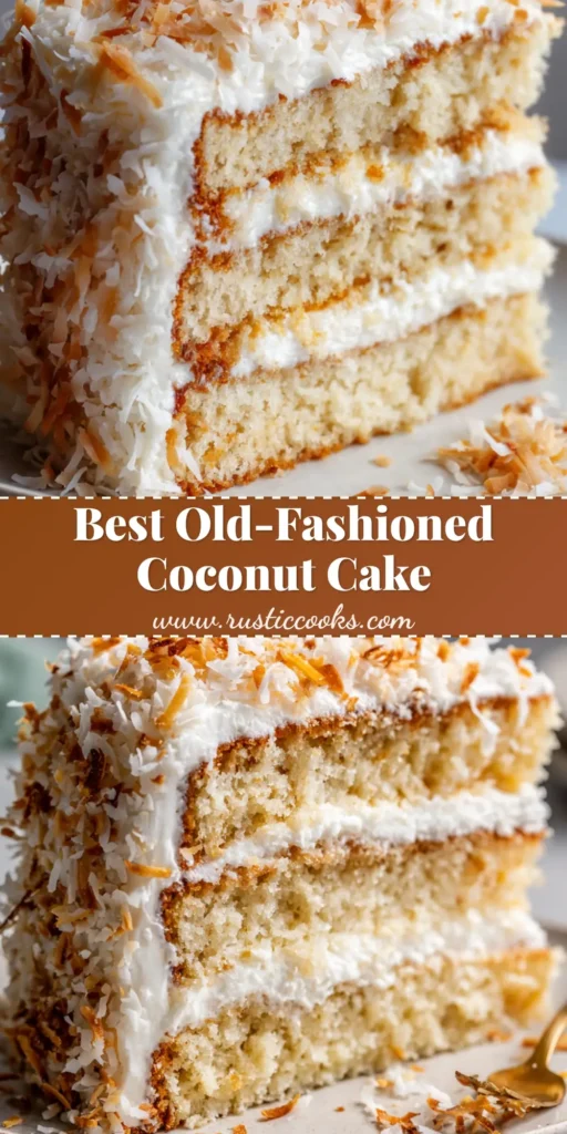 A towering slice of Old-Fashioned Coconut Cake on a white plate, showing fluffy white coconut cream frosting and toasted coconut.
