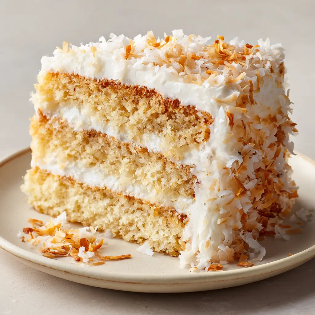 A tall slice of Old-Fashioned Coconut Cake with three light-colored sponge layers on a ceramic plate.