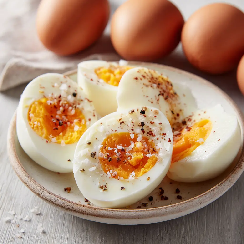 Close-up of whole brown eggs and halved air fryer hard boiled eggs revealing firm whites and creamy golden-orange yolks. (Air fryer hard boiled eggs)
