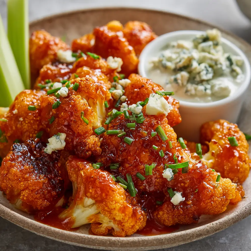 Fresh tender cauliflower florets, flour, spices, buffalo sauce, honey, butter, chives, parsley, crisp celery, and blue cheese dressing laid out as ingredients for buffalo cauliflower bites.