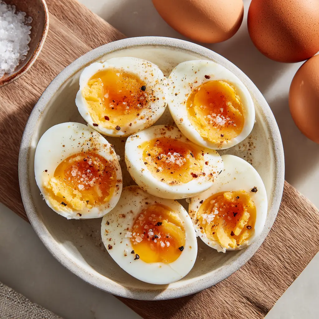Halved air fryer hard boiled eggs lightly dusted with coarse sea salt flakes and freshly cracked black pepper.