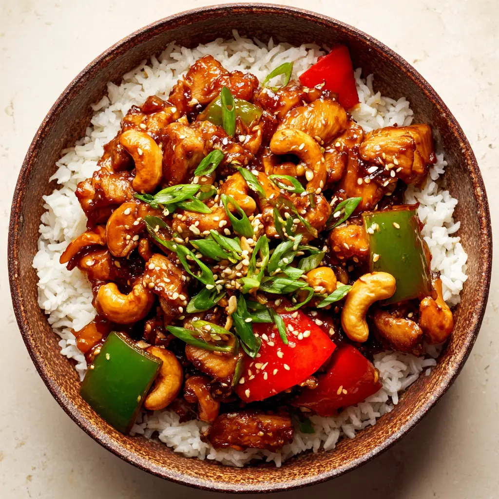 Close up of glossy dark brown garlic soy sauce coating cashew chicken and green scallions.