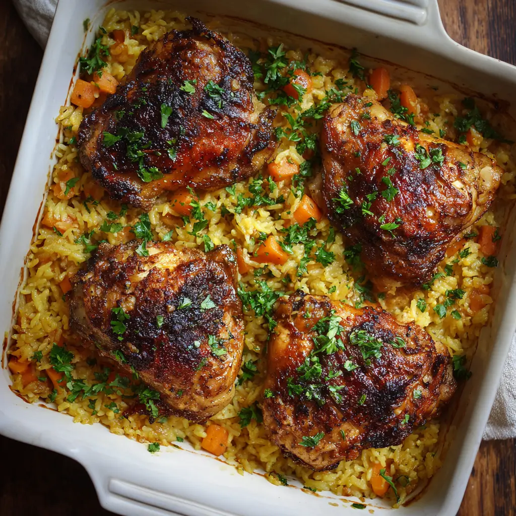 Close-up of golden-brown crispy chicken thighs nestled on top of tender yellow rice with diced carrots and translucent onions.