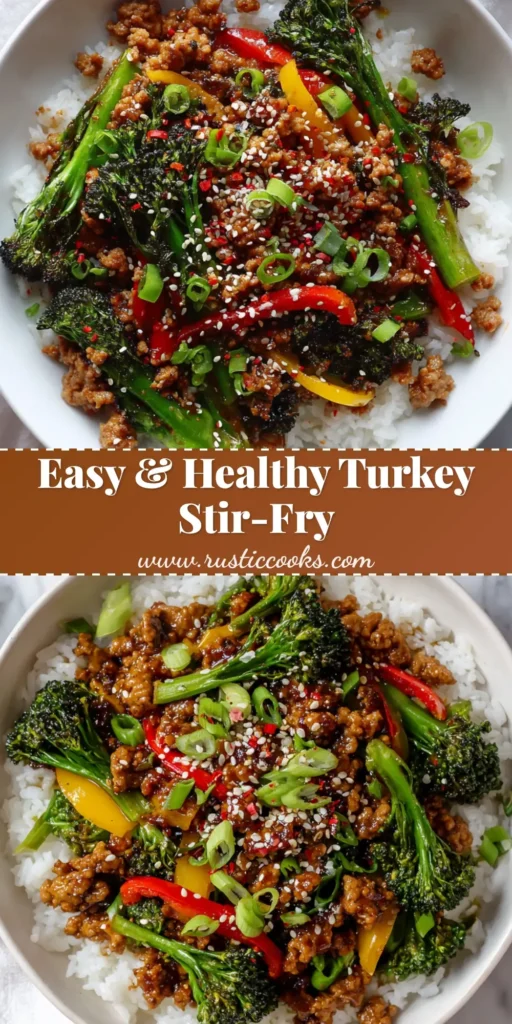 An overhead close-up of a Healthy Ground Turkey Stir-Fry with charred broccoli, vibrant bell peppers, and glossy brown sauce over steamed white rice.