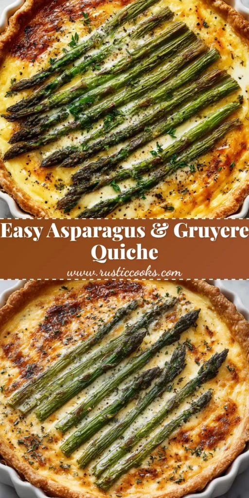 Asparagus and Gruyere Quiche 4 A fully baked Asparagus and Gruyere Quiche with bright green asparagus, melted cheese, and fresh thyme.